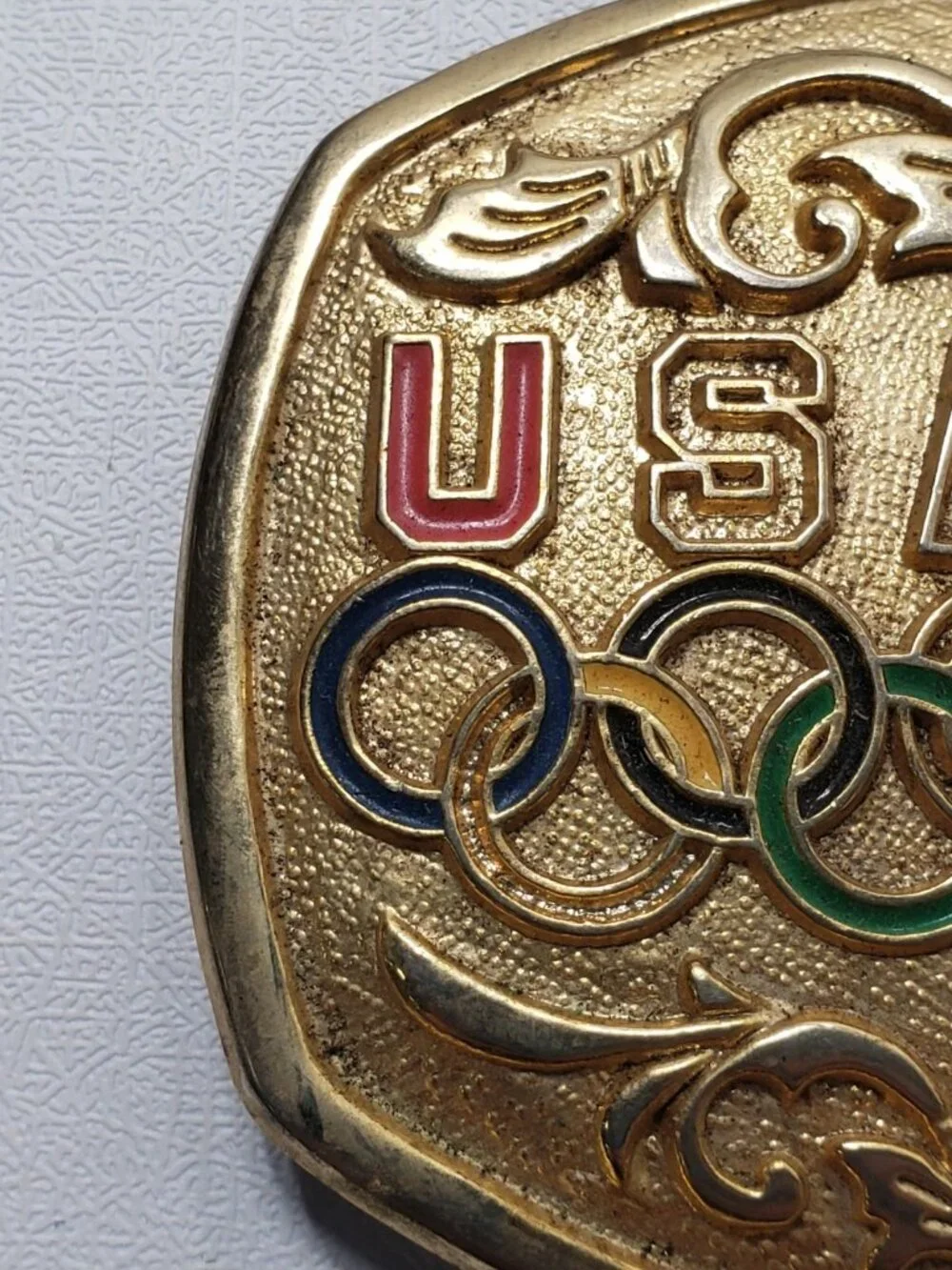 Vintage 1988 USA Olympics Belt Buckle B-K Gold Tone Enamel USOC 1987 Made USA